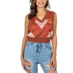 Harry Potter Embroidered Gold Hogwarts Crest Sleeves Diamond Plaid Women's Sweater Vest