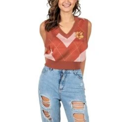 Harry Potter Embroidered Gold Hogwarts Crest Sleeves Diamond Plaid Women's Sweater Vest -Harry Potter GUEST e7465e90 945e 4908 9006 a6c377cce1fe